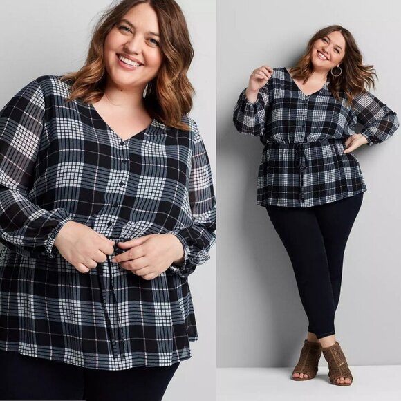 Lane Bryant Navy Blue Plaid Button Front V-Neck Peasant Top Size 22 - Picture 1 of 9
